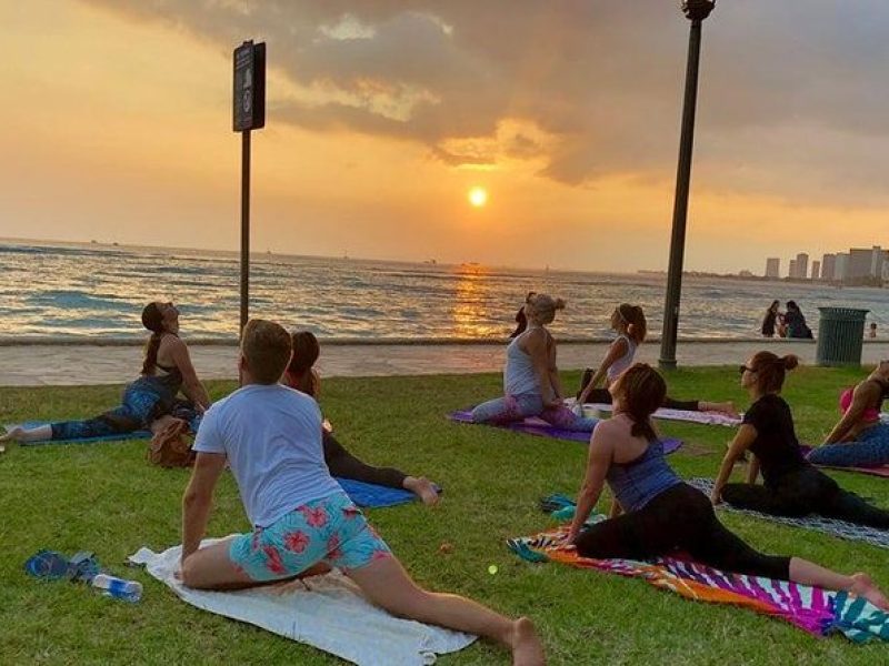 Beach Yoga on Waikiki with Diamondhead Backdrop