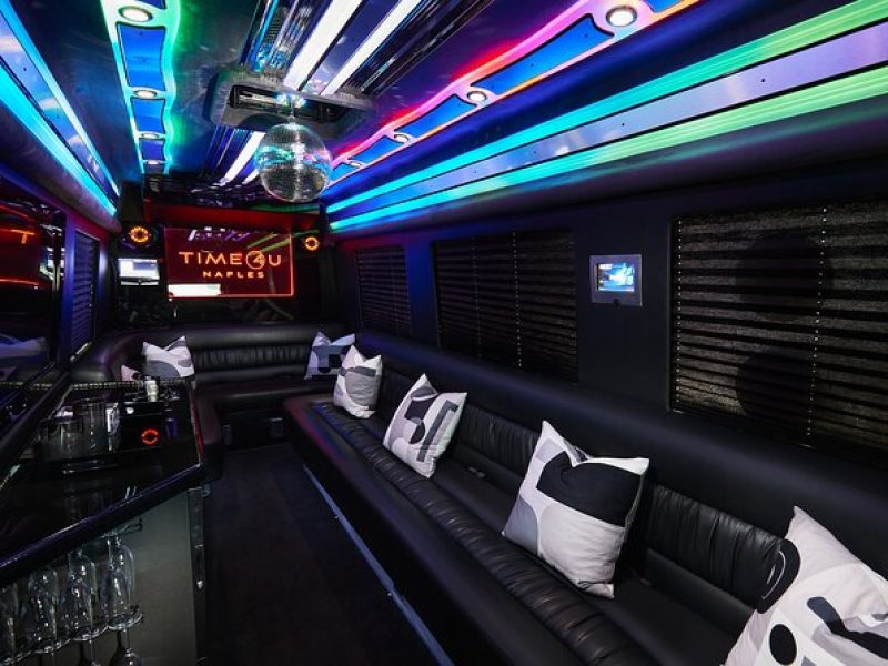 Party Bus Excursion Disco Ball, Limo Seating, Bar, & LED Lights