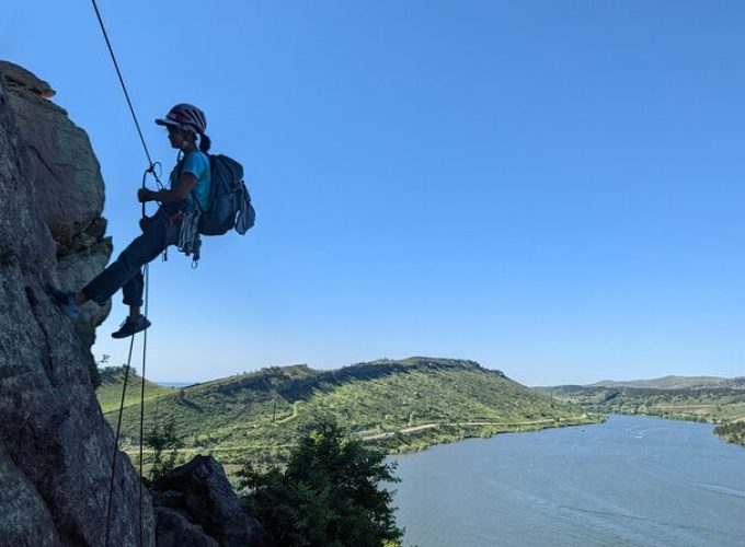 Guided cliff rappelling and climbing above Horsetooth Reservoir