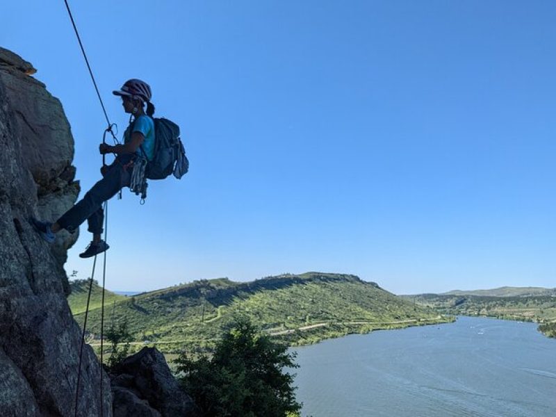 Guided cliff rappelling and climbing above Horsetooth Reservoir